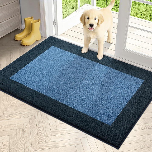 PURRUGS Dirt Trapping Door Mat 32" x 48", Non-Slip Washable Entry Mat, Dog Doormat, Front Door Mat, Super Absorbent Entrance Mat for Muddy Shoes & Paws, Light Blue & Navy