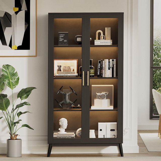 Glass Display Cabinet,4-Tier Curio Storage Case, Glass Doors, Human Body detector – Display for Collectibles, Toys, Books