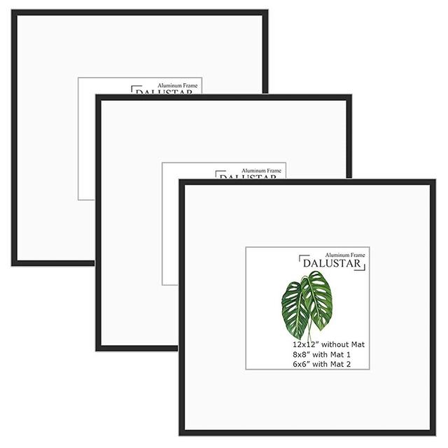 DALUSTAR, Set of 3, 12x12 Aluminum Photo Frame Collection, Display 8x8 with Mat 1, or 6x6 with Mat 2, or 12x12 without Mat, Wall Gallery Photo Frames, Metal Photo Frame with White Mat (Black)