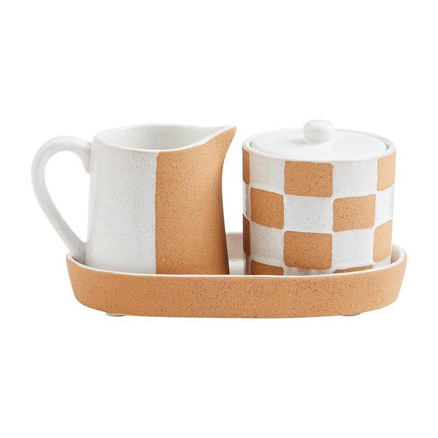 Mud Pie Terracotta Cream And Sugar Set; Pitcher - 3 1/2" X 2 3/4" Jar - 3 1/4" X 3 1/2" Tray 8" Dia,Tan