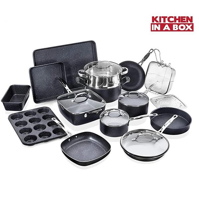 Granite Stone Pots and Pans Set, 20 Piece Complete Cookware + Bakeware Set with Ultra Nonstick 100% PFOA Free Coating–Includes Frying Pans, Saucepans, Stock Pots, Steamers, Cookie Sheets & Baking Pans