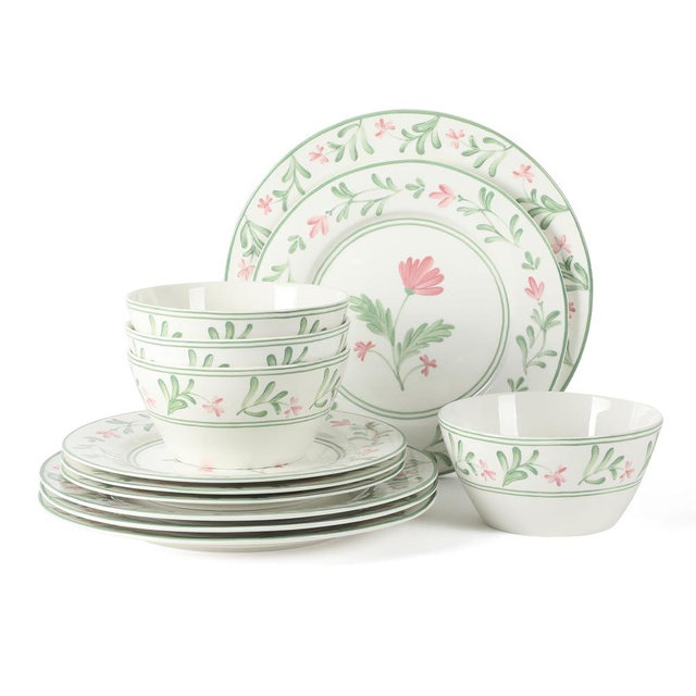Martha Stewart Maiden Crown Plates and Bowls Sets, 12-Piece New Bone China Dinnerware Sets, Botanical Floral Design Dish Set, Microwave & Dishwasher Safe