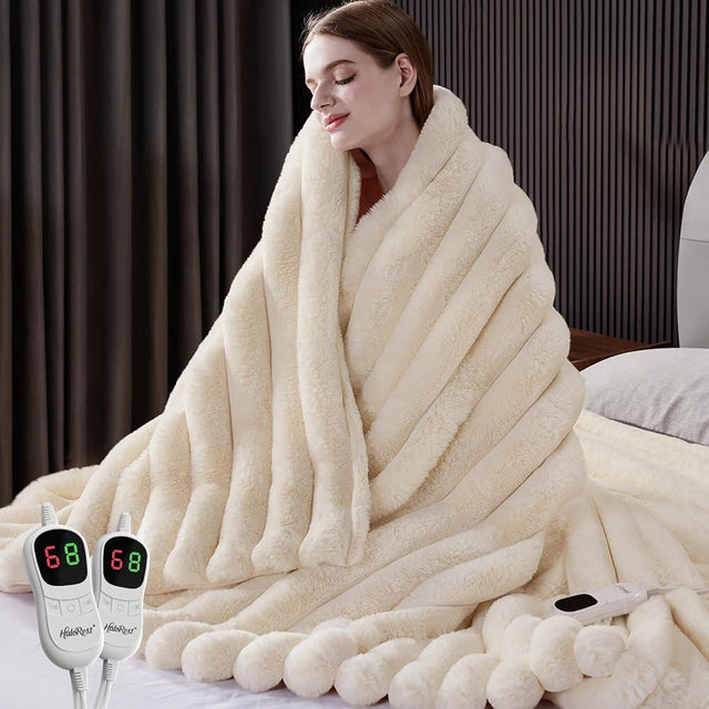 HaloRest Heated Blanket Queen Size, Faux Fur Cozy Heating Blanket with Overheat Protection, 1/2/4/6/8 Hours Auto-Off 10 Heat Level, Machine Washable (84x90 Inches, Cream White)