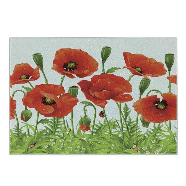 Lunarable Ladybugs Cutting Board, Horizontal Border with Red Poppy Flower Bud Poppies Chamomile Wildflowers Lawn, Decorative Tempered Glass Cutting and Serving Board, Large Size, Green Red