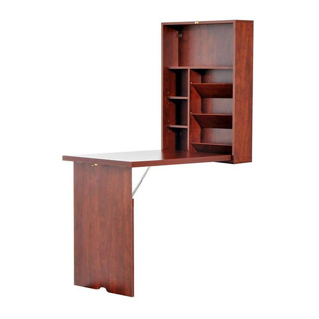 HomCom Compact Fold Out Wall Mounted Convertible Desk with Storage - Mahogany