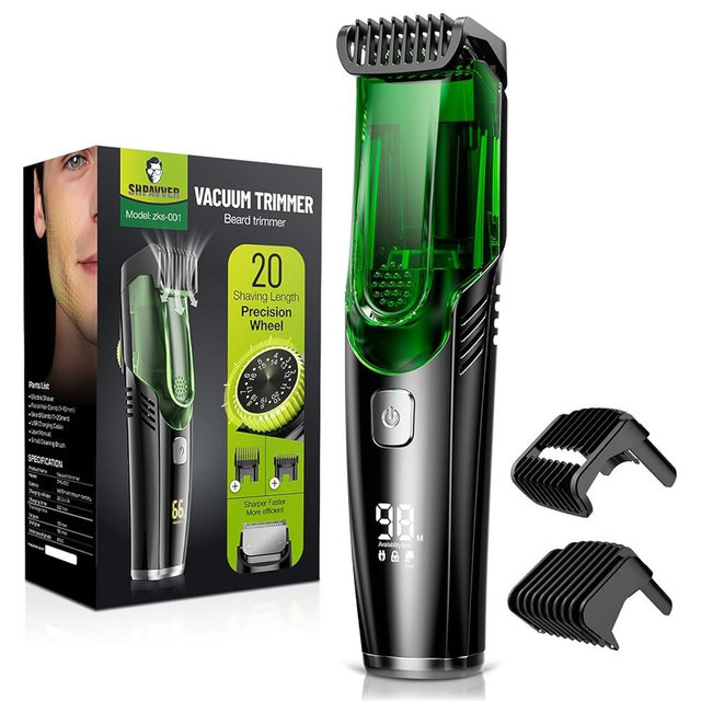 SHPAVVER Vacuum Beard Trimmer for Men, Rechargeable Mustache Trimmer with Adjustable Length Comb (1-20MM), IPX6 Waterproof Built-in Electric Beard Trimmer for Beard, Mustache and Stubble