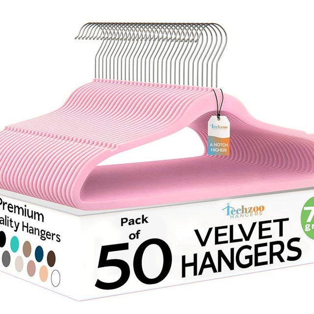 Techzoo Premium Velvet Hangers 50 Pack Ultra Thin Non Slip Adult Felt Space Saving Suit Hanger for Closet Heavy Duty Coat Pants Jackets Dress Hangers 360° Swivel Hook Hold Upto 10 lbs Pink