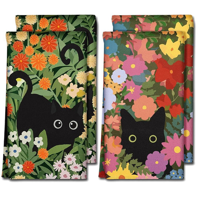 Miss Adola 4 Pcs Microfiber Kitchen Towels - Cute Cat Flower Dish Towels for Kitchen 18 x 26 Inch Home Decorative Set Spring Hand Towels Dishcloths Soft & Absorbent Aesthetic Design