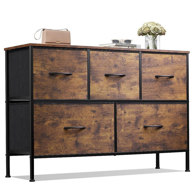 WLIVE Dresser for Bedroom with 5 Drawers, Long Fabric Dresser, Storage Drawer Unit with Fabric Bins for Closet, Living Room, Hallway, Nursery, Rustic Brown Wood Grain Print, Size L