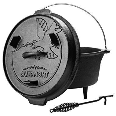 Overmont Camp Dutch Oven 11.2x11x8in All-round Cast Iron Casserole Pot Dual Function Lid Skillet Pre Seasoned with Lid Lifter Handle for Camping Cooking BBQ Baking