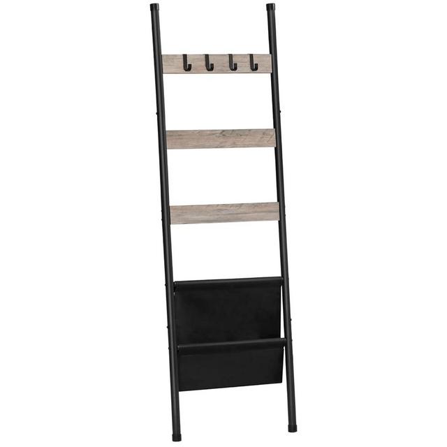 HOOBRO Blanket Ladder, 5 Tier Towel Rack, 17.3" L x 63" H, Wall-Leaning Blanket Rack, Decorative Ladder Shelf with 4 Hooks and Pocket, Drying and Display Rack for Bathroom, Greige BG32CJ01