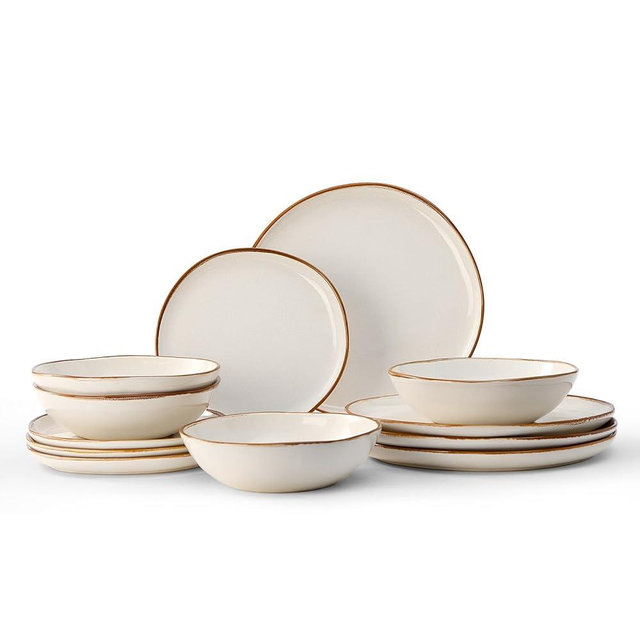 Bestone 12 Pieces Round Kitchen Dinnerware Sets，Plates and Bowls Sets,Dishes, Plates, Bowls, Dish Set, Chip Resistant Ceramic Dinnerware Set, Dishwasher/Microwave Safe,Service for 4,Pearl White