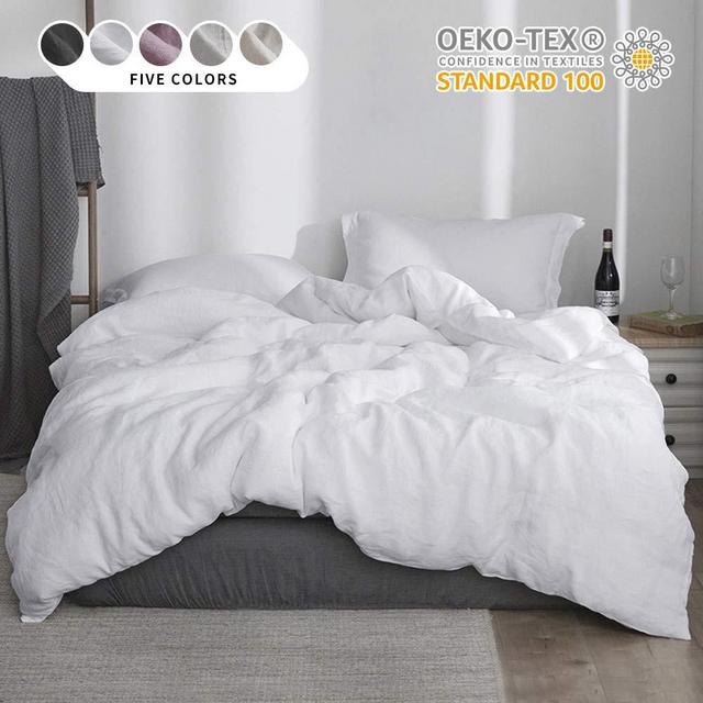 Simple&Opulence 100% Linen Duvet Cover Set 3pcs Stone Washed Natural Belgian Flax Basic Style Solid Color French Bedding with Button Closure (Queen, White)