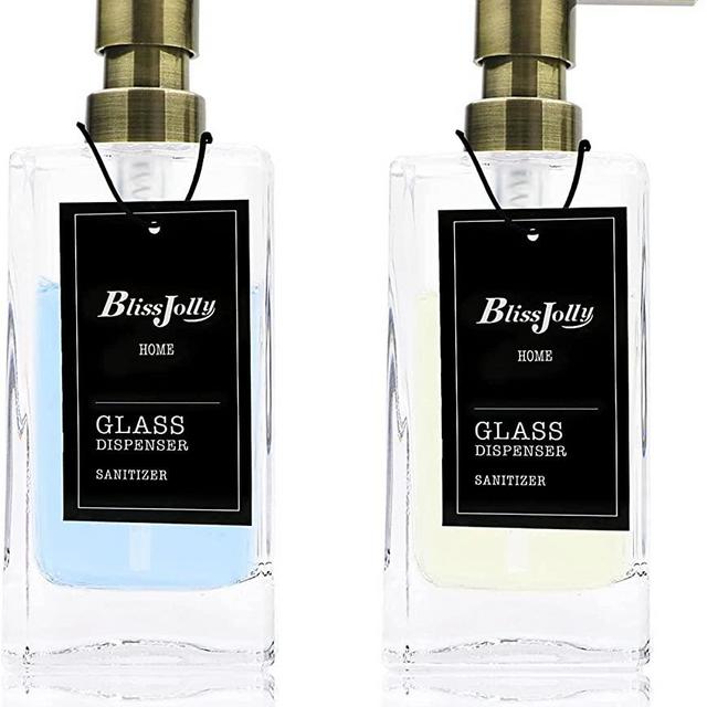 BlissJolly Glass Soap Dispenser – Set of 2, 13.5 Oz Clear Square Design Glass Refillable Hand Soap Dispensers with Plastic Pump , Kitchen Sink，Durable Glass Bottle – Liquid Soap Dispensers