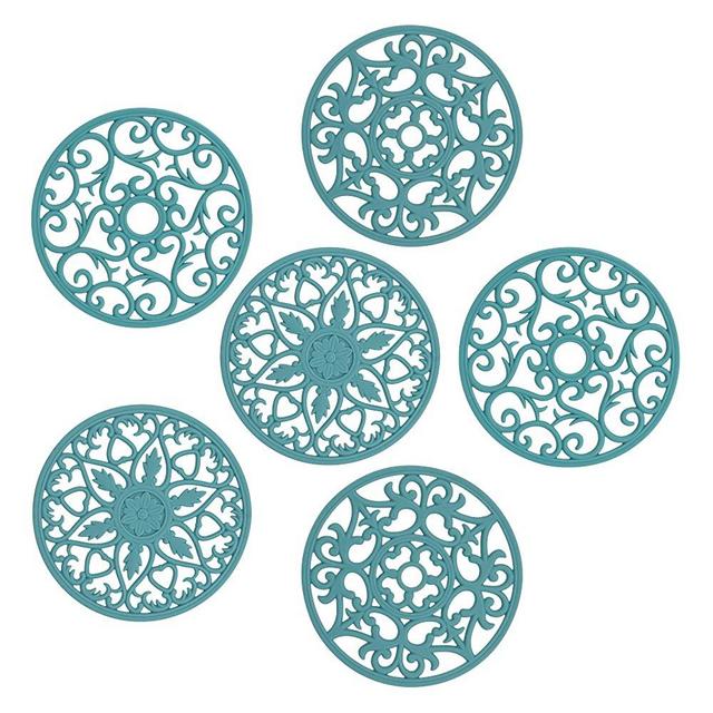 Teal Silicone Trivets Mat Set of 6 for Hot Pots and Pans, Multi-Use Intricately Carved Hot Pads and Mats, Flexible Modern Kitchen Table Mat, Heat Resistant Round Coaster
