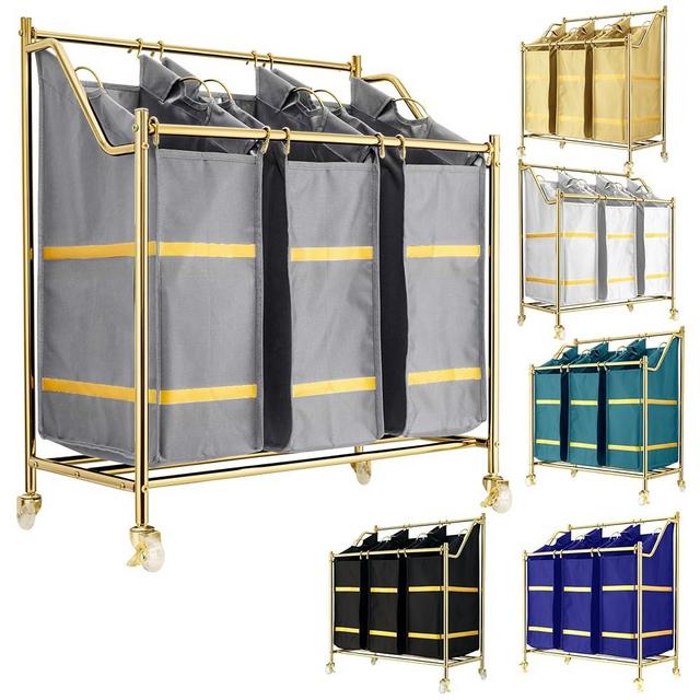 LUXURY STYLE 3- Sections Laundry Sorter, Roling Laundry Cart, Modern Golden Laundry Hamper, 3-Bags Laundry Hamper with Wheels, Laundry Basket, XL Hamper for Clothes, Toys, and Towels (Cool Gray)