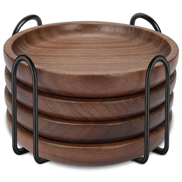 Walnut Wood Drink Coasters with Holder, LAVEMCH 4 Inch 100% Natural Handmade Round Wooden Coasters Furniture Protection for Home and Office Décor, 4 Pieces