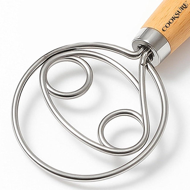COOKSURE 304 Stainless Steel Dough Whisk for Sourdough - 13 Inch Danish Dough Whisk with Smooth Wooden Handle for Easy Sourdough & Bread Mixing