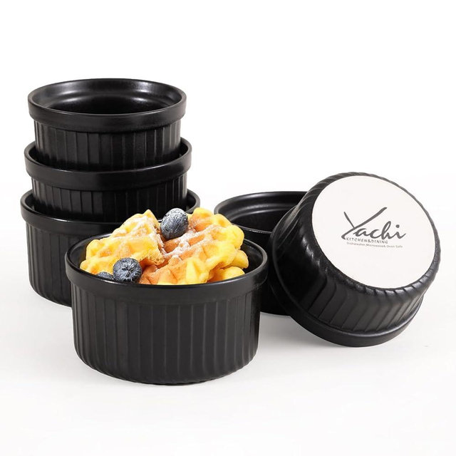 Yachi Ramekins Black, 6 oz Ceramic Set of 6 Stoneware Bakeware for Souffle Sauces Dipping Onion Soup Lava Cake Flan Creme Brulee Kit Pudding Mini Custard Oven Safe