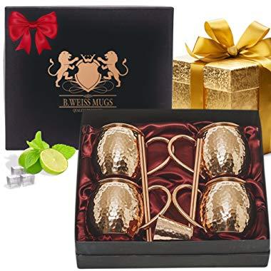 Copper Mugs Moscow Mule Set Of 4 By B.WEISS Handmade Hammered Copper Cups 100% Pure Copper +Bonus: 4 copper straws 1 shot mug and A beautiful gift box