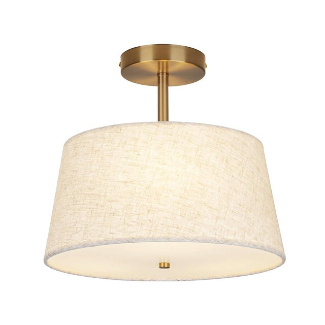 CALOKES Cone-Shaped Semi Flush Mount Modern Ceiling Light Fixture, 3-Light Drum Lamp with Gold Brass Finish and Beige Fabric Shade for Bedroom, Kitchen, Dining Room, Hallway, Entryway, and Foyer