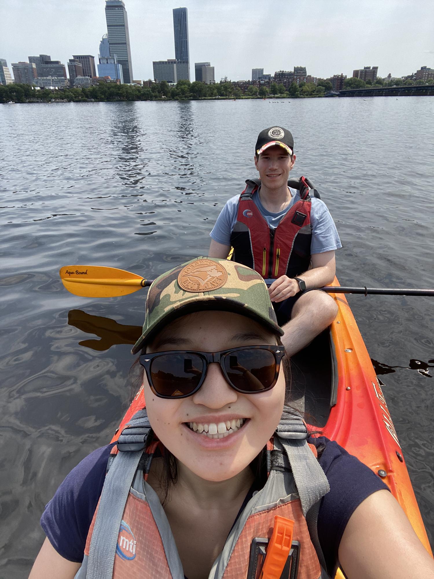 Lia and Jon kayaking in the Charles River