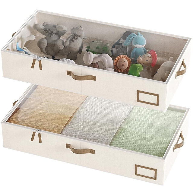 COYACOOL Under Bed Storage, Under Bed Storage Containers Bins for Clothes, Large Linen Underbed Closet Organization Bins, 2 Pack Collapsible Underbed Bin Dorm for Clothes, Sweater, Beige