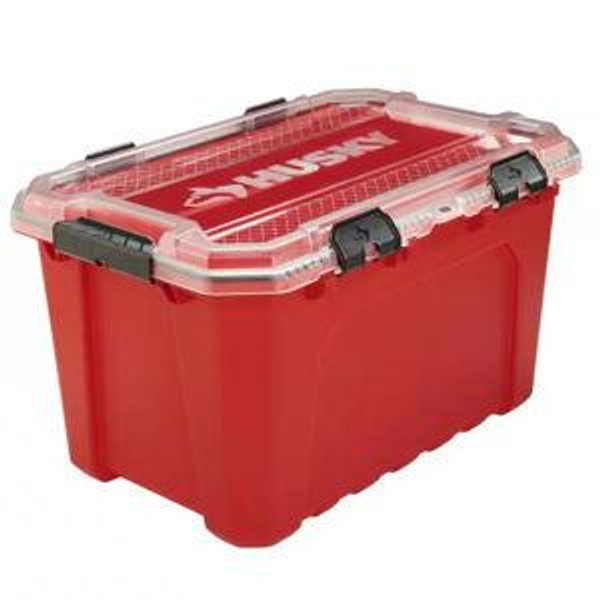 Husky 20-Gal. Professional Heavy Duty Waterproof Stackable Plastic Storage Container with Hinged Lid in Red 246842