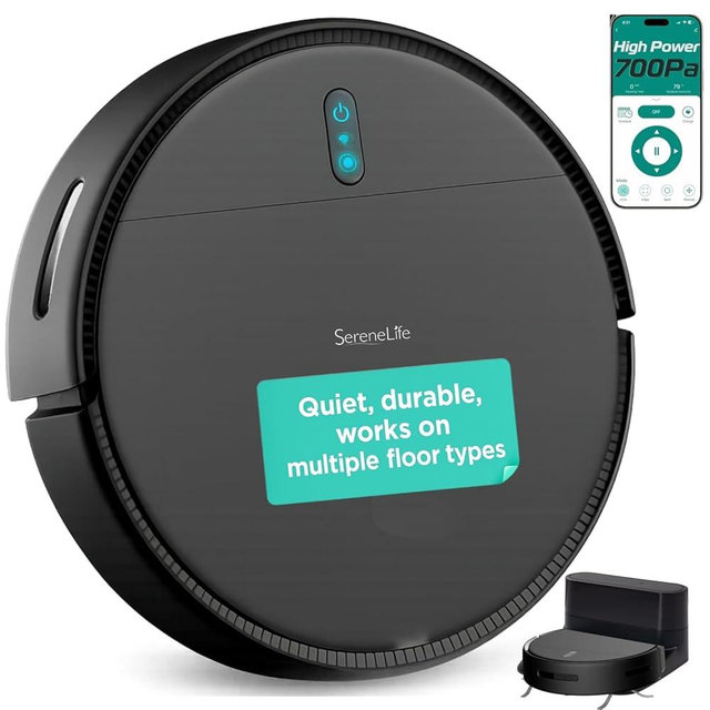 SereneLife Smart Robot Vacuum Cleaner and Mop Combo, App Control, 3 Cleaning Modes, Anti-Fall Sensors, Self-Charging, 700Pa Suction Ideal for Pet Hair, Carpet and Hard Floors, Black