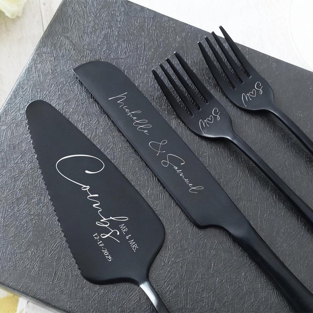 Personalized Wedding Cake Knife, Server & Forks, Engraved Stainless Steel Cutting Set