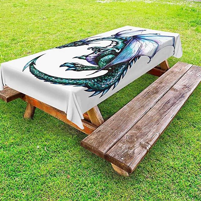 Lunarable Dragon Outdoor Tablecloth, Epic Beast Dragon Created with Vibrant Gradient Colored Graphic Devil Image, Decorative Washable Picnic Table Cloth, 58" X 84", Purple Teal