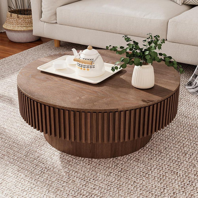 31.49" Round Coffee Table with Storage for Living Room, Modern Wooden Coffee Table Circle Center Table with Solid Wood Veneered, Easy Assembly, Walnut