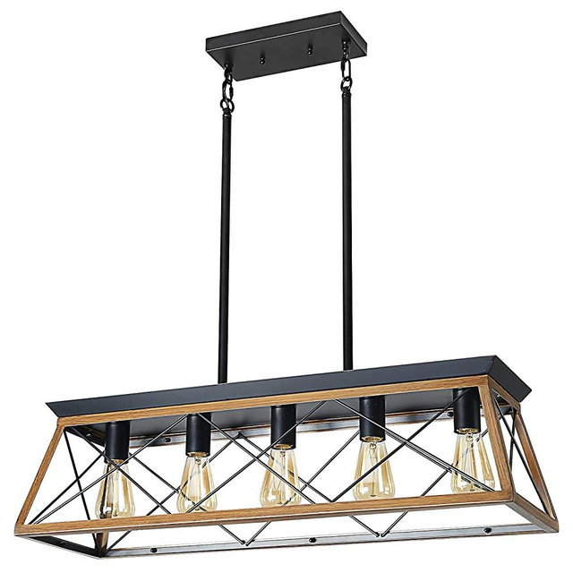 XIPUDA Kitchen Island Lighting, Rustic Dining Room Light Fixture, 5-Light Linear Farmhouse Pendant Lights, Farm House Chandeliers for American Country