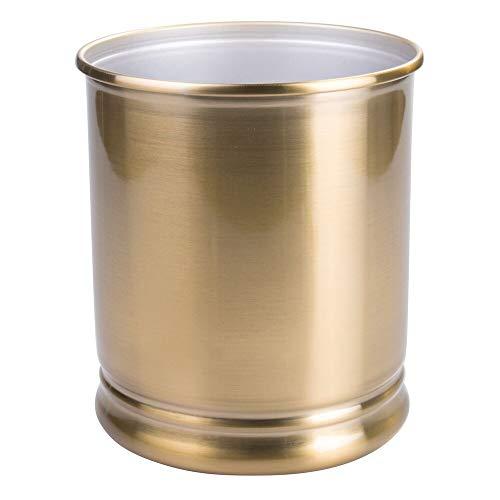 mDesign Decorative Metal Round Small Trash Can Wastebasket, Garbage Container Bin - for Bathrooms, Powder Rooms, Kitchens, Home Offices - Soft Brass