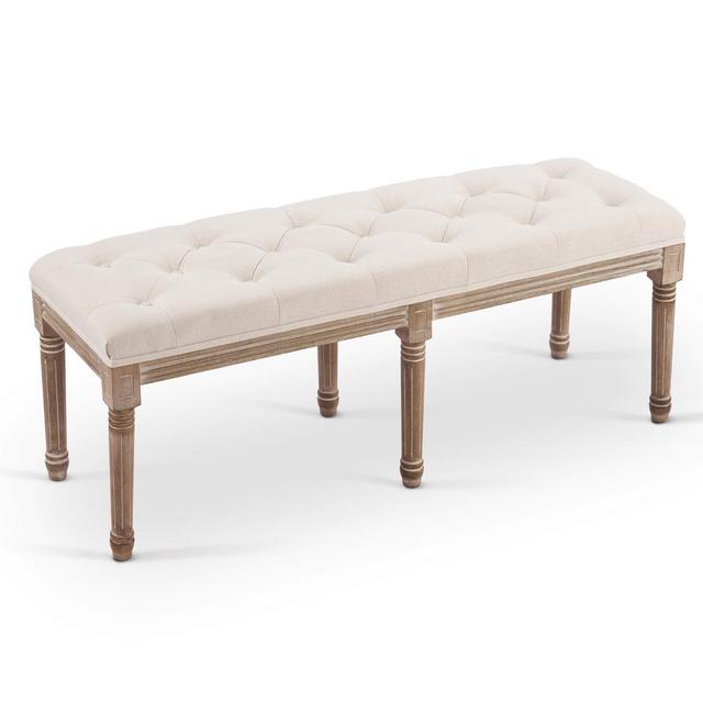 VONLUCE Extra-Long French Vintage Bench with Padded Seat Rubberwood Legs, 48" Upholstered Entryway Bench Dining Bench, Tufted Fabric End of Bed Bench for Bedroom Living Room Hallway More, Beige
