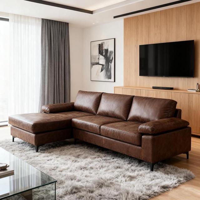 VANOMi 100" Couches for Living Room, Faux Leather Sectional Sofa with Chaise, Convertible L-Shape Sofa & Couches for Living Room,3 Seater, Apartment, Right/Left-L-Shaped, Dark Brown