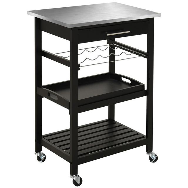 HOMCOM Kitchen island Cart Rolling Trolley Utility Serving Cart with Stainless Steel Tabletop, Wine Rack & Drawer