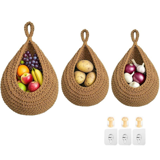 Hanging Fruit Baskets for Kitchen, 3 Pack Boho Cotton Rope Handwoven Vegetable Storage Wall Mounted Large Organizing Basket for Farmhouse Decor, Onion, Potato, Garlic and Plants (Caramel)