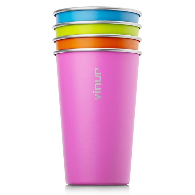 VINUR 4 Pack Stainless Steel Cups 16 oz Pint Tumbler Stackable Metal Drinking Glasses for Travel, Camping, Outdoors (Sky Blue-Orange-Hot Red-Apple Green)