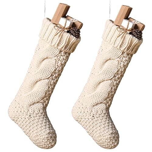 Toes Home 18 Inch Knitted Christmas Stockings, Pack 2 Xmas Gift Bags Cream