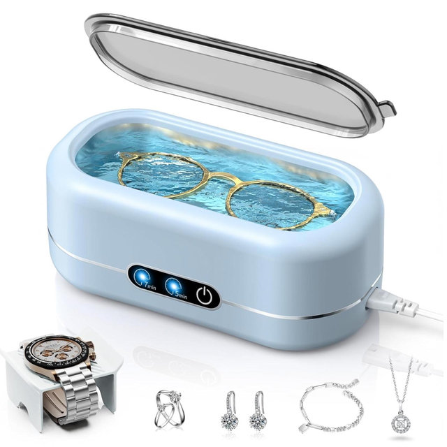 BYASKZIV Ultrasonic Jewelry Cleaner, Upgraded Jewelry Cleaner Ultraonic Machine 48KHz for All Jewelry, Eyeglasses, Watches Strap, Dentures, Retainers & More - Light Blue
