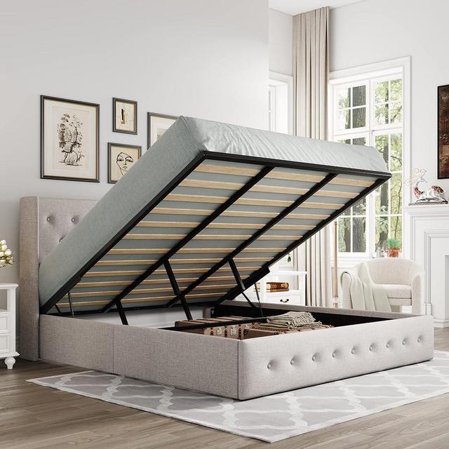 Allewie King Size Lift Up Storage Bed, Button Tufted Headboard with Wingback, No Box Spring Needed, Hydraulic Storage, Light Beige