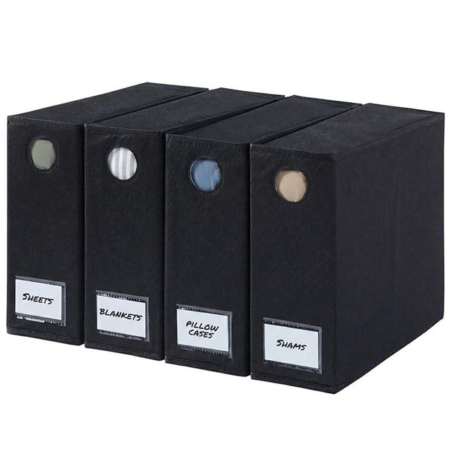4 Pack Sheet Organizers - Foldable Storage Sheets Set Organizer for Linen Closet - King & Queen Size - Folder Keeper with Window XL - Blanket, Duvet & Pillowcases Dustproof Bedding Container - Black