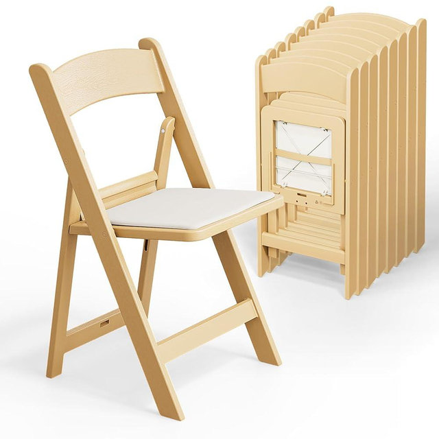 VINGLI Resin Folding Chairs with Cushion, Foldable Plastic Chair with Comfortable Padded Seats, Perfect for Event Party Indoor Outdoor, Natural, 8 PC