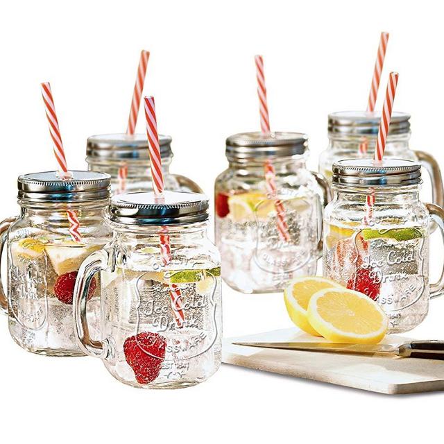 Estilo Mason Jar Mugs with Handle and Straws Old Fashioned Drinking Glass Set 6, 16 oz Each