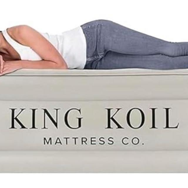 King Koil Luxury Air Mattress 20in Full Size Beige with Built-in Pump for Home, Camping & Guests-Inflatable Airbed Luxury Double High Adjustable Blow Up Mattress, Durable - Portable and Waterproof