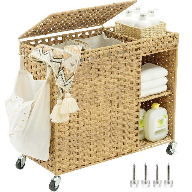 Heybly Laundry Hamper with Wheels, 160L Rattan Wicker Laundry Basket with Lid, Handwoven 2-Section Laundry Hamper with Removable Liner (42.3 Gal), Laundry Sorter with Side Pocket, Natural HLH032N