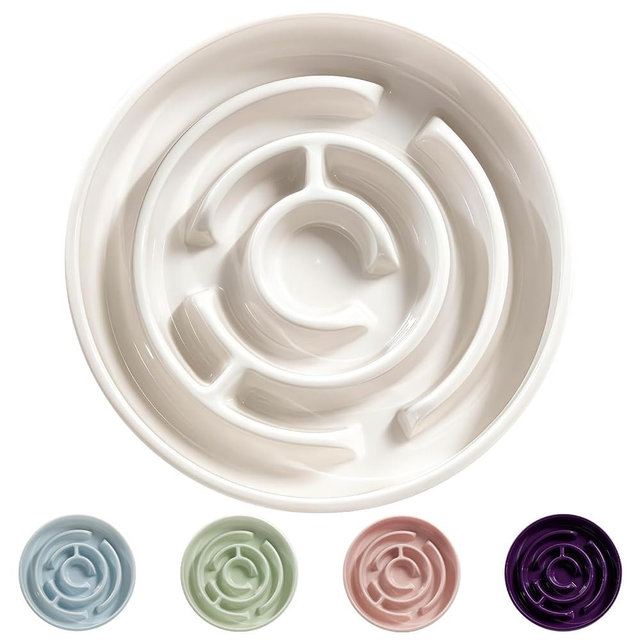 Ceramic Slow Feeder Dog Bowl,1.5 Cups Pet Slow Feeder for Small and Medium Breed,Puzzle Dog Food Dish,Anti-Gulping,Stop Bloat,Preventing Choking(White)
