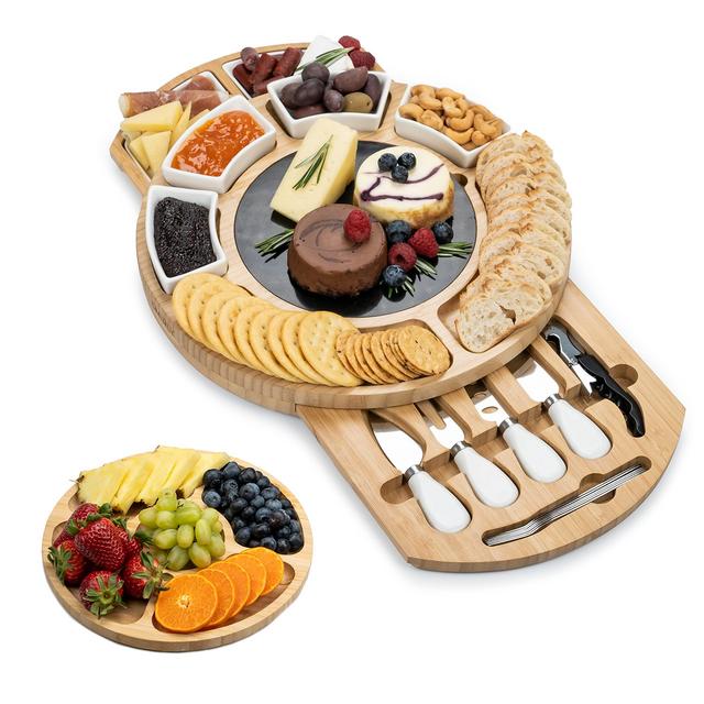 SMIRLY Cheese Board and Knife Set - Large Round Charcuterie Board Set, Bamboo Cheese Board Set, Cheese Platter Board, Cheese Tray Set, Wooden Cheese Board, Cheese Cutting Board Set, Cheese Plate Set