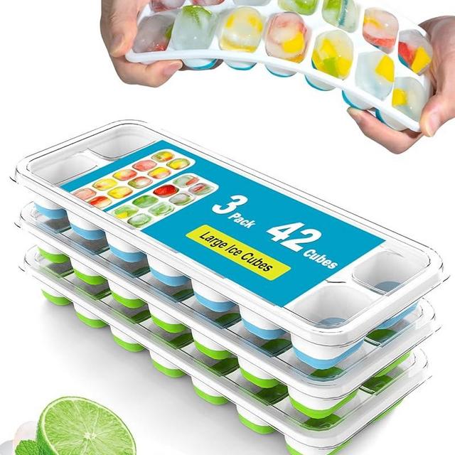 Ice Cube Trays for Freezer - 3 Pack 42 Cubes, Easy to Release Silicone Ice Trays with Spill-Resistant Lids, Reusable Ice Tray,Stackable and BPA-Free, Perfect for Cocktails, Drinks,and Ice Coffee